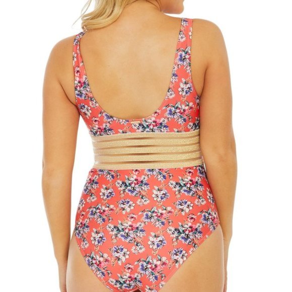 Nicole Miller Floral Coral Swimsuit with Lurex Trim - Picture 3 of 7